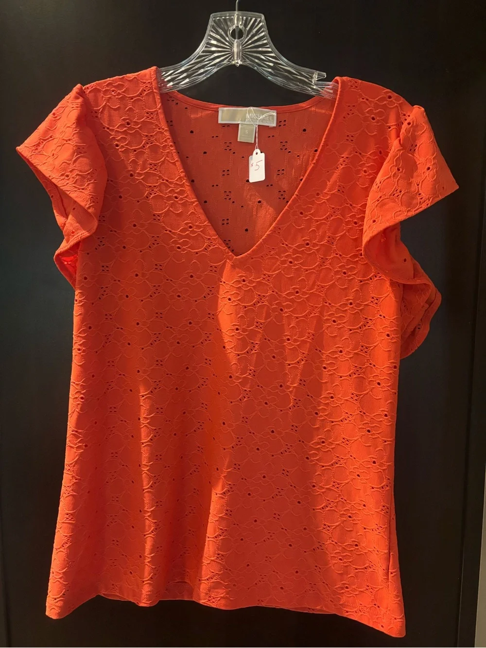 Michael Kors Orange Eyelet V-Neck Flutter Sleeve Top